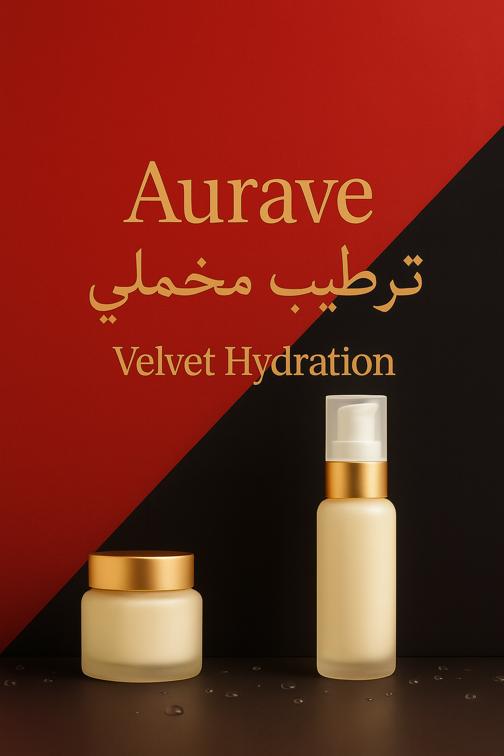 Aurave Velvet Hydration cream and pump bottle on red and black background with gold text