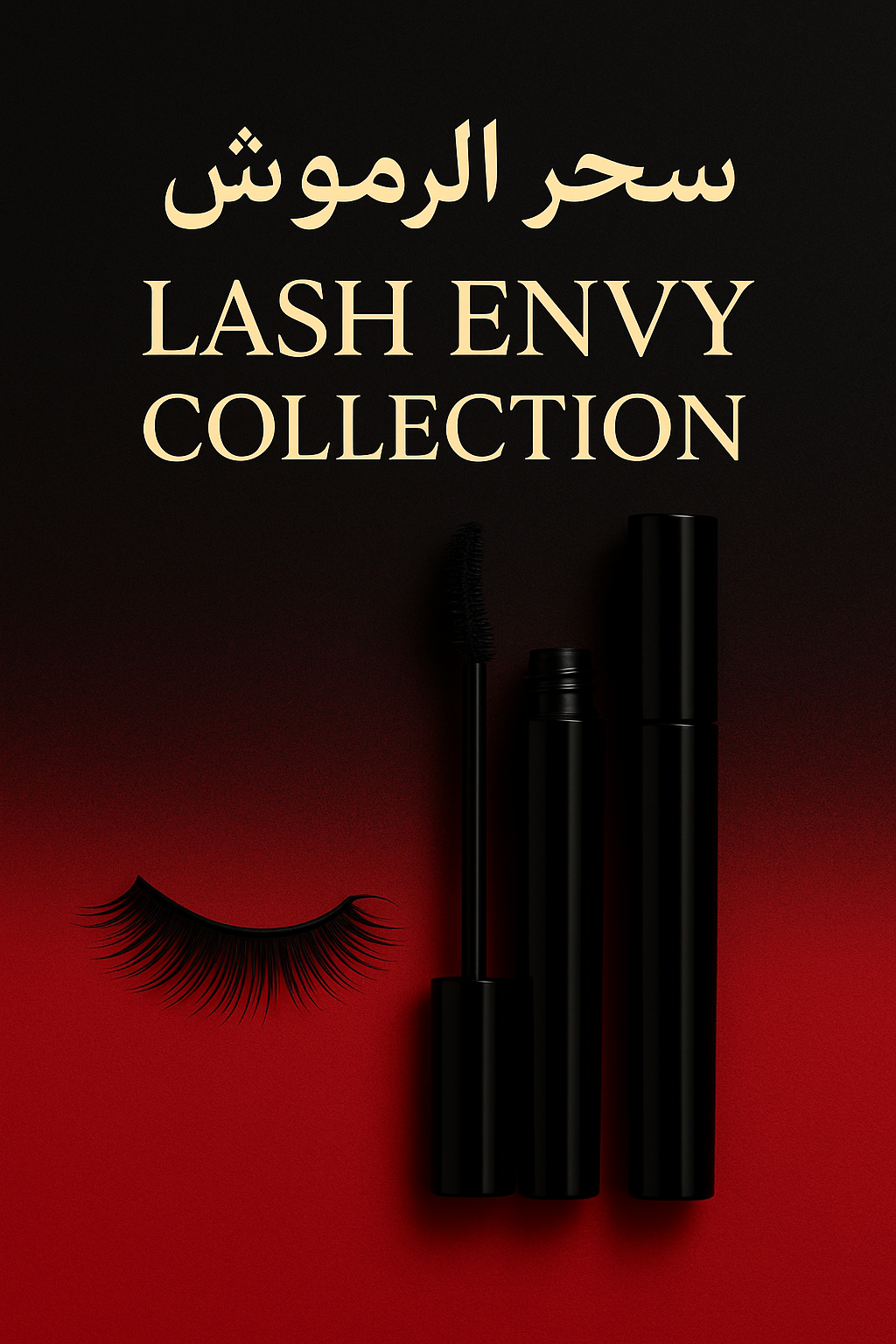 Lash Envy Collection mascara and false lash on red and black gradient background