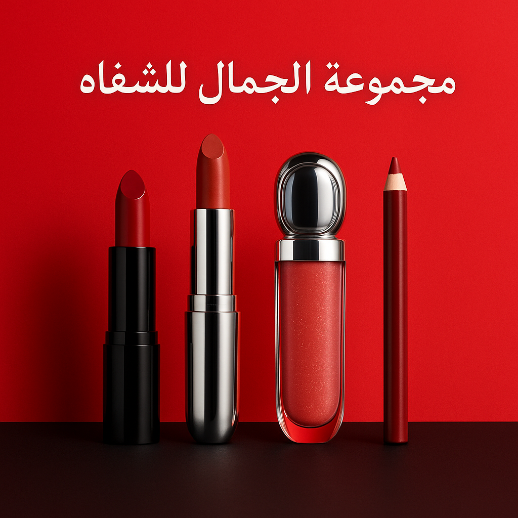 Lip beauty set with red lipstick, lip gloss, and pencil on red background, Arabic text above.