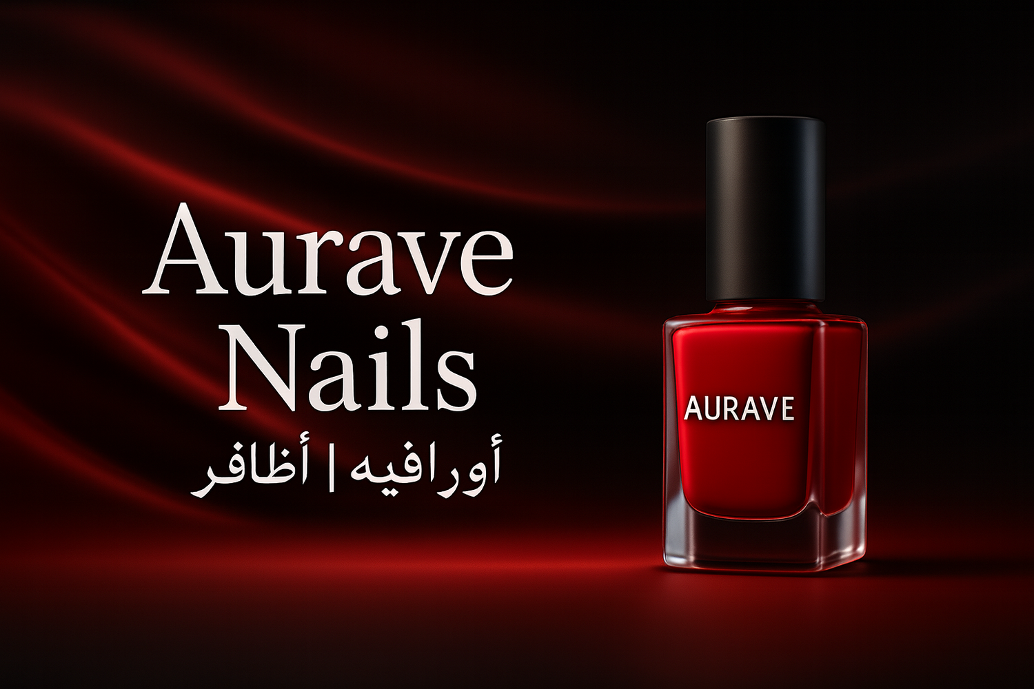 Aurave Nails red nail polish bottle on dark red satin background with branding text
