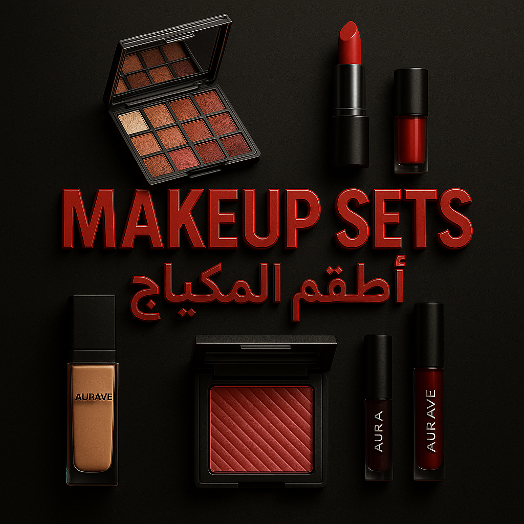 Makeup sets with eyeshadow palette, lipstick, foundation, and blush on black background