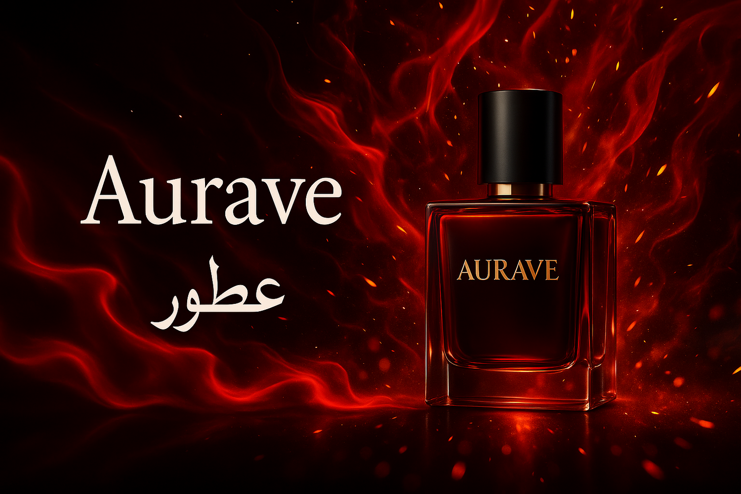 Aurave perfume bottle surrounded by red fiery swirls, with 'Aurave' text in English and Arabic.