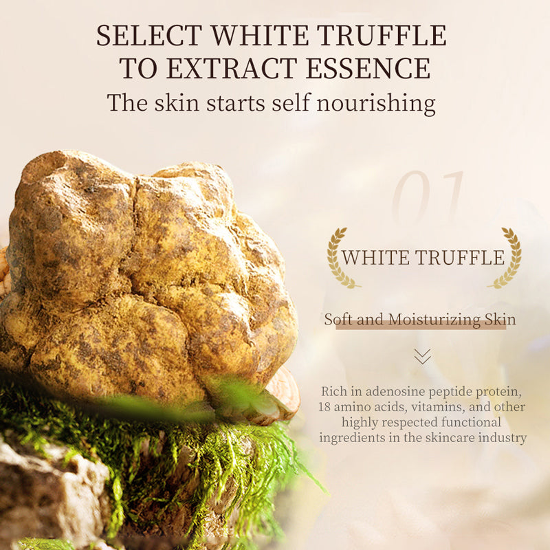 White truffle on moss with text about skincare essence and moisturizing benefits