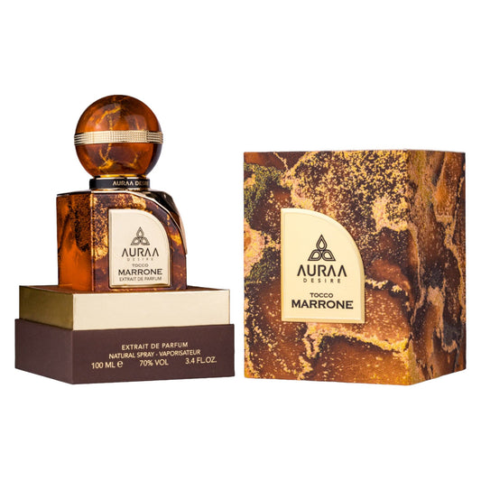 Auraa Desire Tocco Marrone perfume bottle with matching brown marbled box, 100ml extrait de parfum.