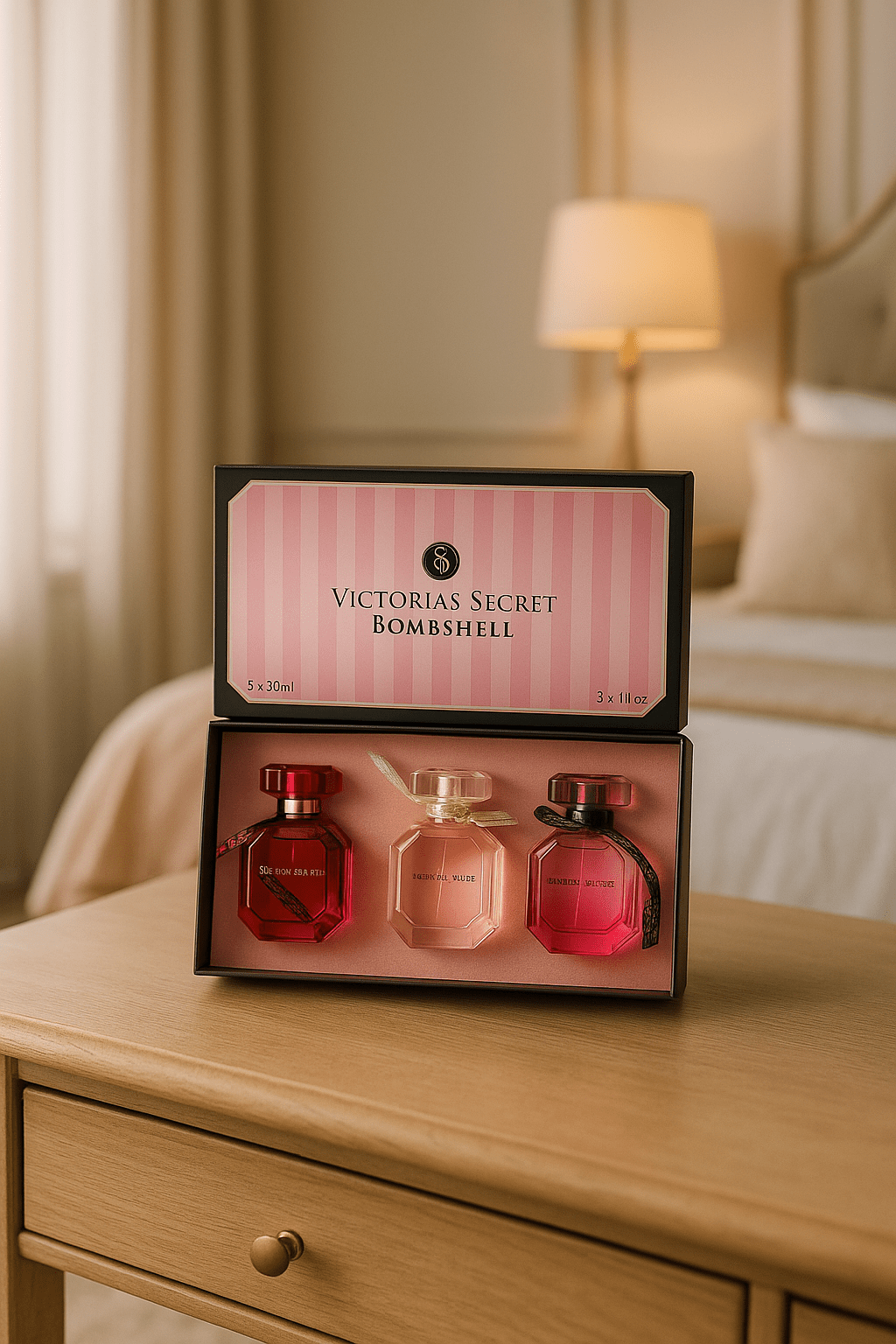 Victoria's Secret Bombshell perfume set on a wooden table with a bedroom background