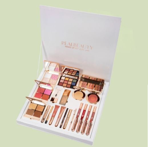 PEAL BEAUTY makeup box gift set with palettes, brushes, and cosmetics in white case