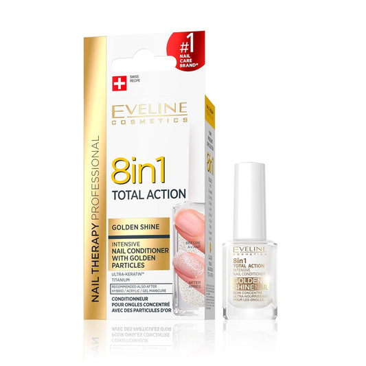Eveline Cosmetics 8 in 1 nail conditioner with golden particles in box and bottle