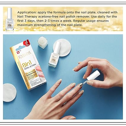Eveline 8 in 1 Nail Conditioner bottle and box, hand applying product, cotton pads on blue table